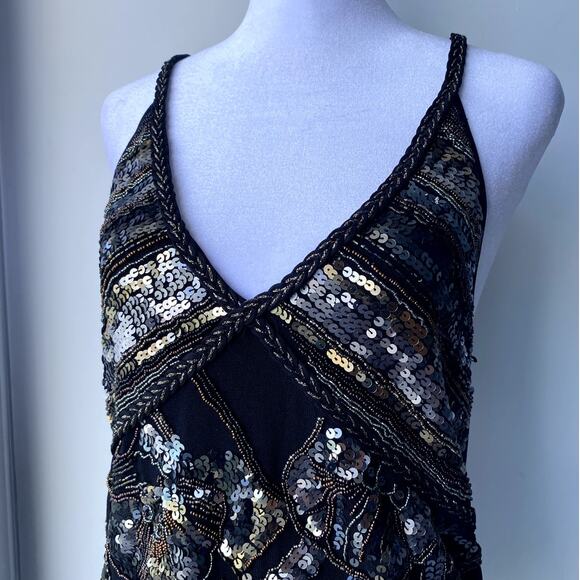 Black Sequin Beaded V-Neck Perni Vintage Halter Neck Top Boho Y2k - Picture 1 of 6